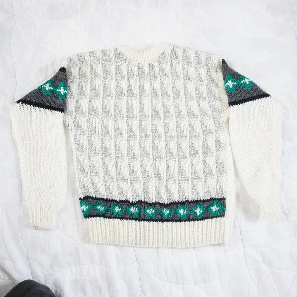 VTG 80s Justin Blake Men's Crew‎ Neck Sweater M White Geometric Pattern Acrylic